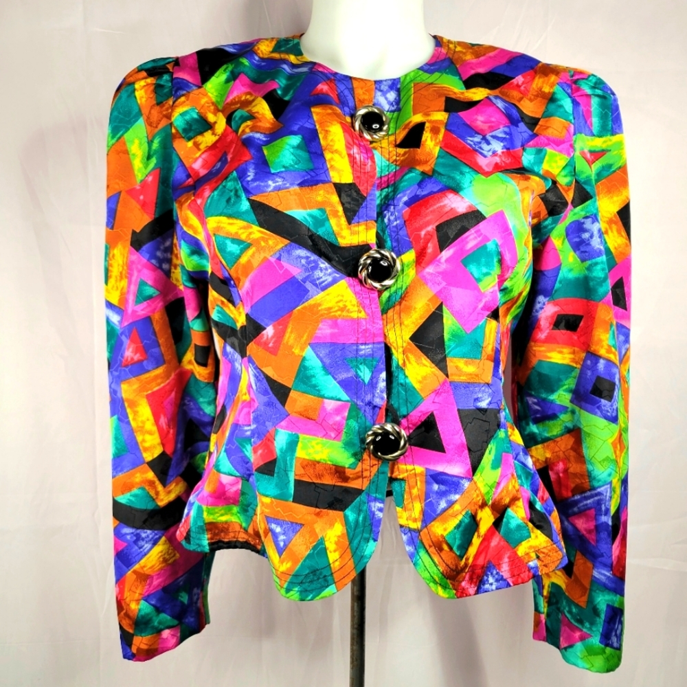 Vintage Carole Little Petites jewel tone geometric blazer. Big buttons. Peplum